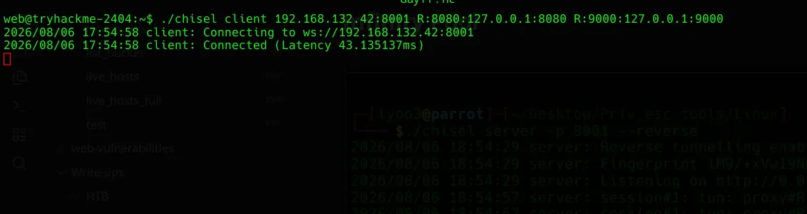 Chisel client connecting from the victim box, exposing 8080 and 9000