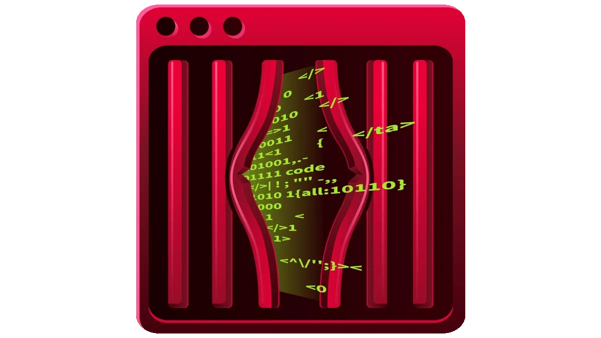 Stylized illustration of a cracked jail-cell window revealing binary and HTML tags behind the bars