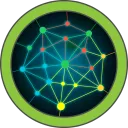Glowing network graph of connected nodes inside a green ring badge