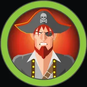Cartoon pirate face inside a green ring badge