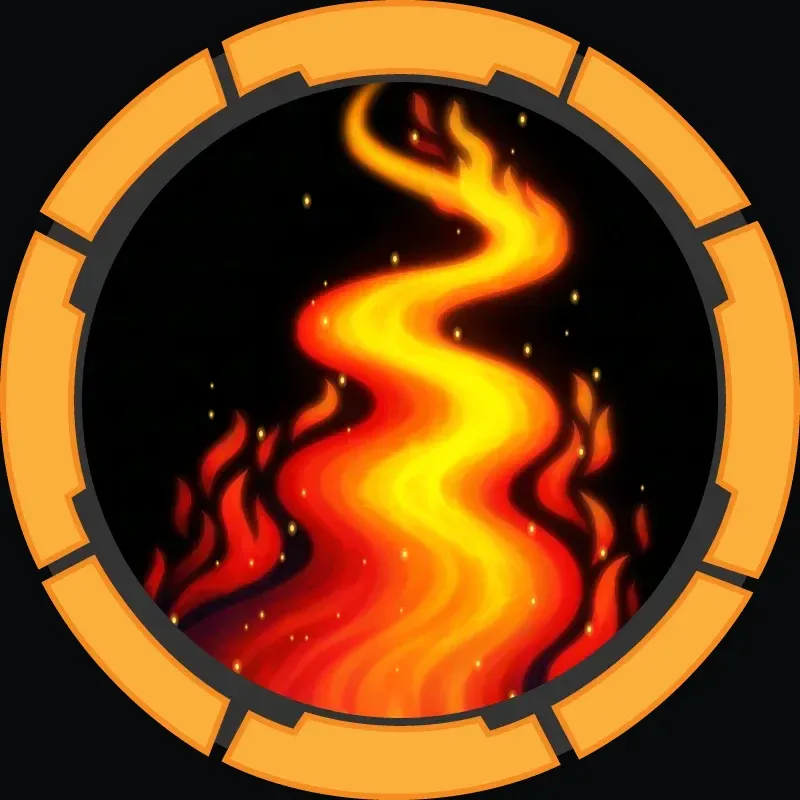 Stylized flame inside an orange ring badge