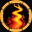Stylized flame inside an orange ring badge