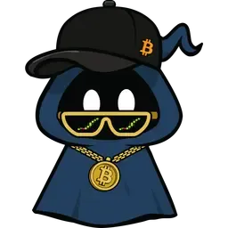 Dark blue hooded mascot wearing a cap, sunglasses, and a gold Bitcoin chain