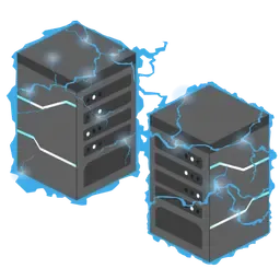 Two server towers wrapped in blue electric arcs