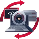 Stylized illustration of a hooded figure on a laptop screen, magnified, next to server racks