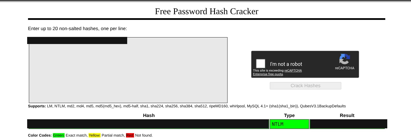 CrackStation cracking the NTLM hash, hash and password redacted