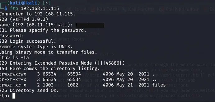 FTP login with recovered credentials, redacted