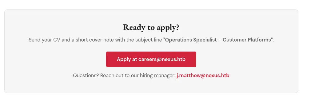 Job posting page naming a hiring manager's email address