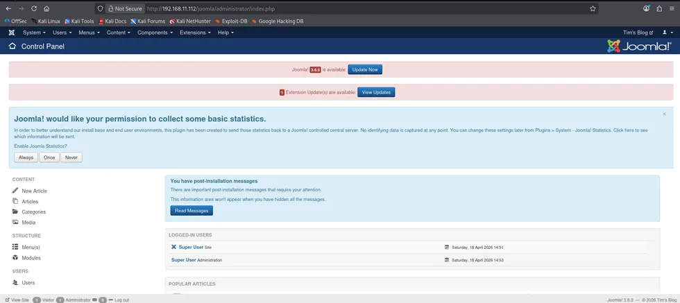 Joomla admin control panel after login