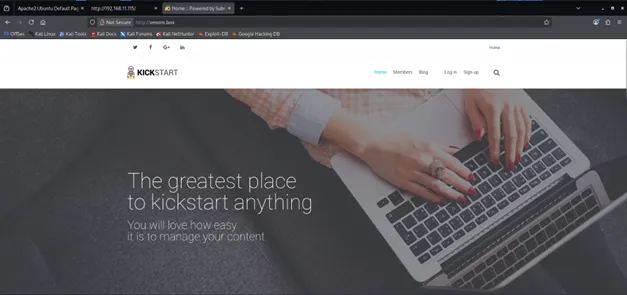 Subrion CMS homepage at venom.box