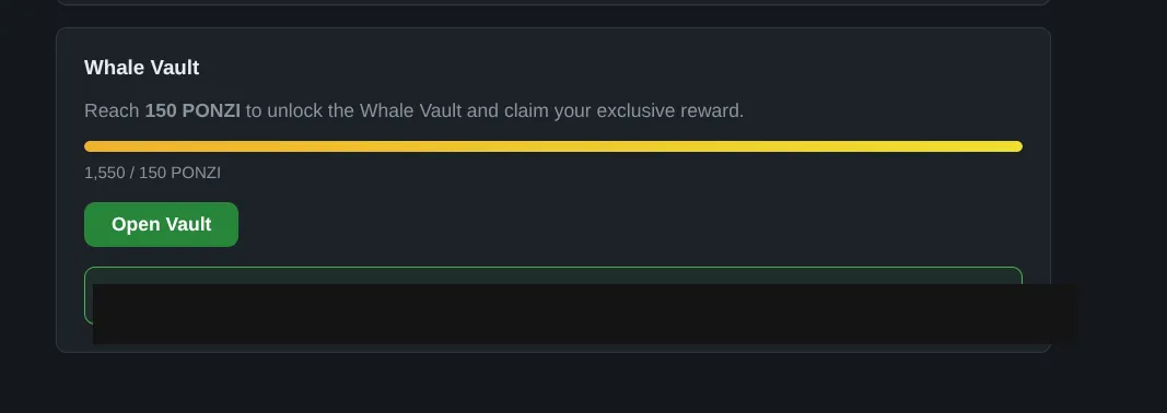 Whale Vault unlocked at 1,550/150 PONZI, flag redacted
